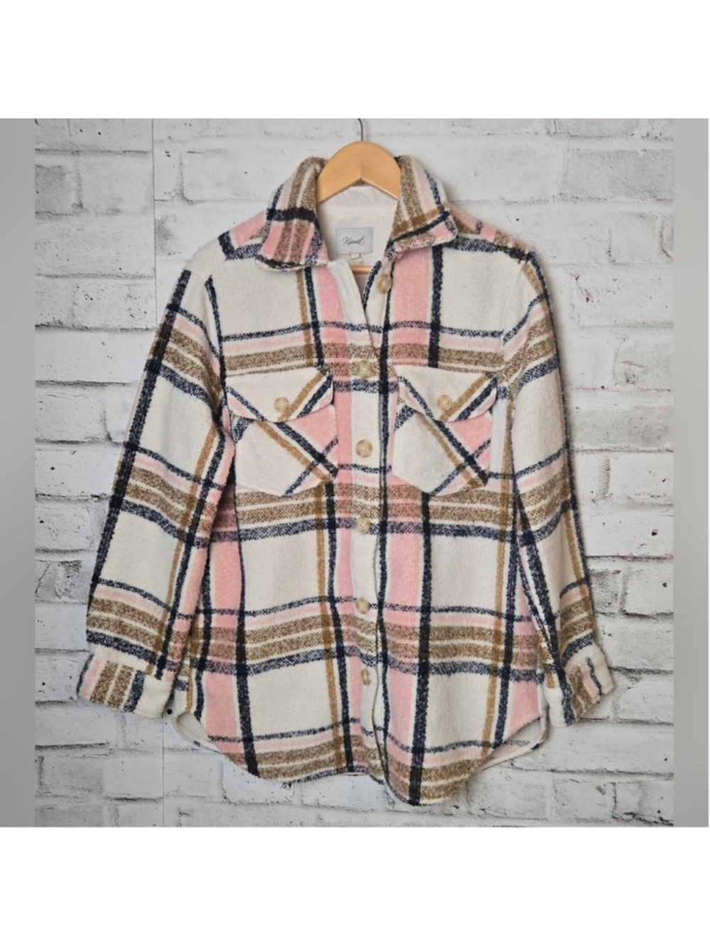 Kismet Cozy Plaid Shacket Jacket Pink Cream Womens Large